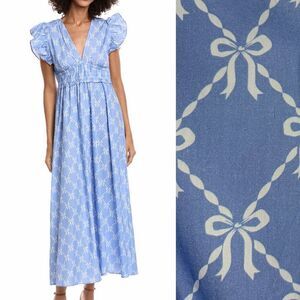 Sail to Sable Blue Hydrangea Bow Print Flutter Sleeve Vneck Maxi Dress XS NWT